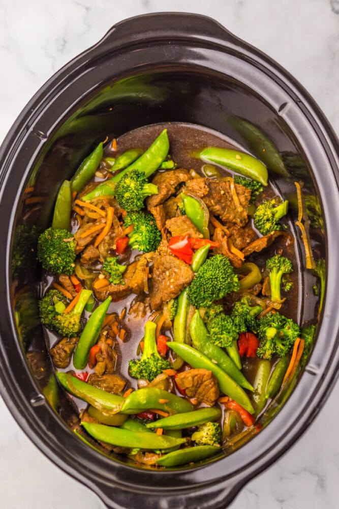 Healthy beef and vegetable stir-fry in slow cooker.