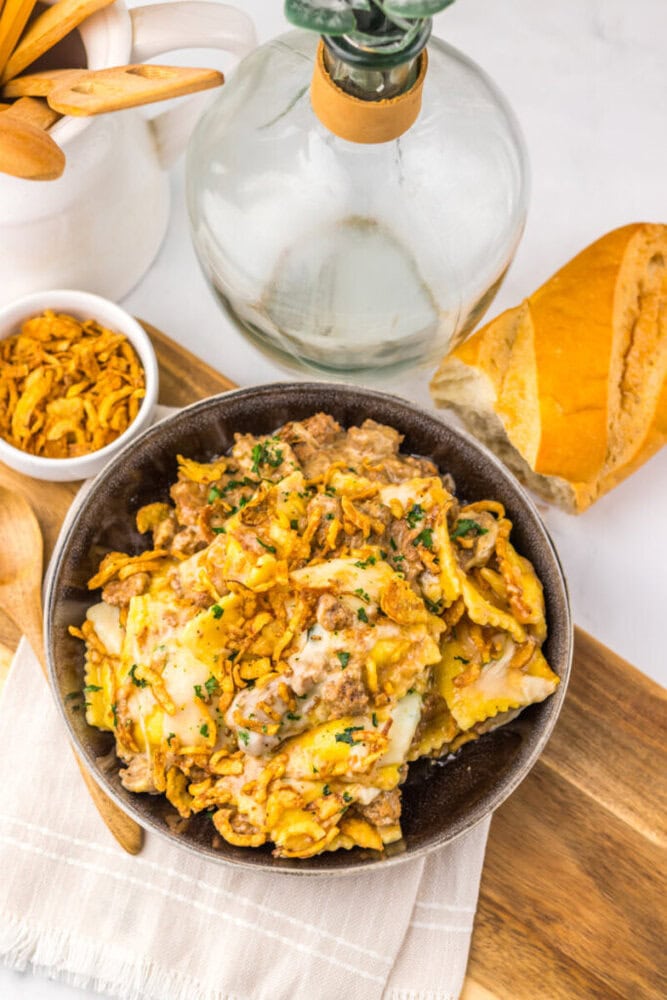 Delicious creamy beef and pasta casserole with herbs and cheese.