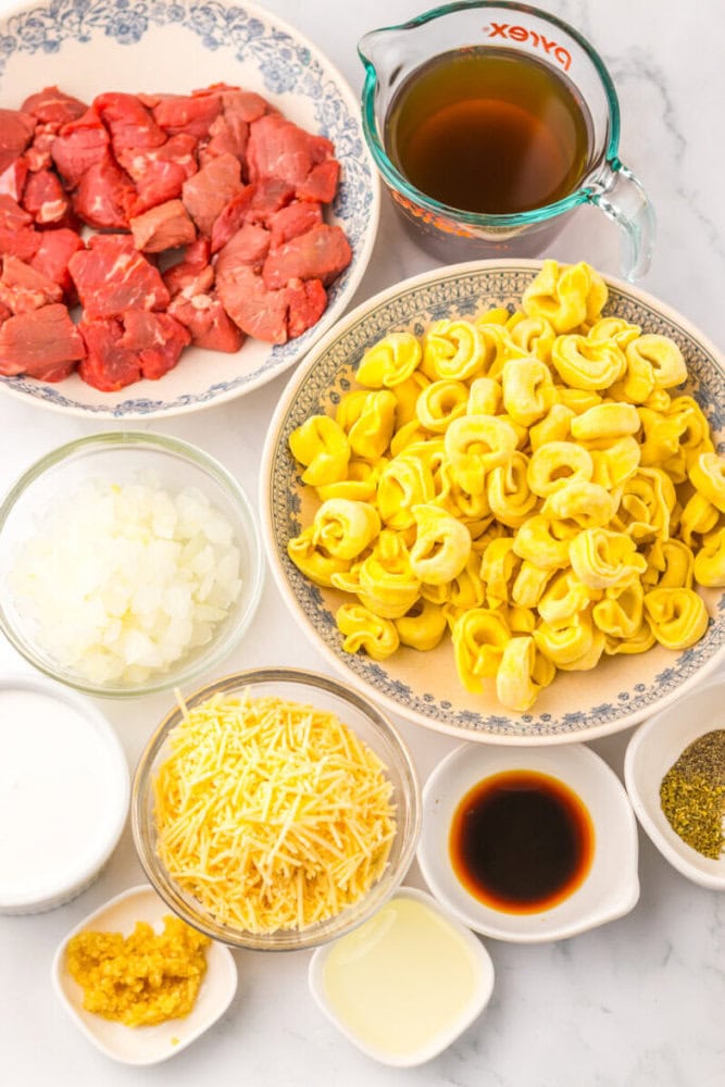 Raw beef, pasta, and seasonings for delicious homemade beef tortellini.