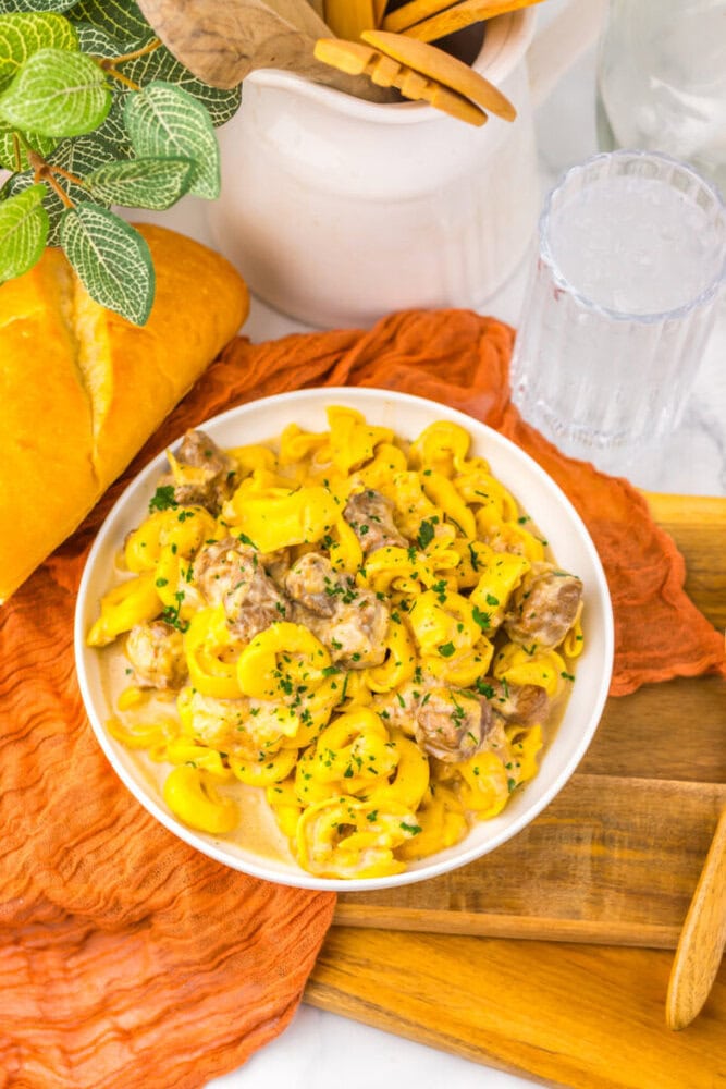 Slow Cooker Cheesy Garlic Steak and Tortellini