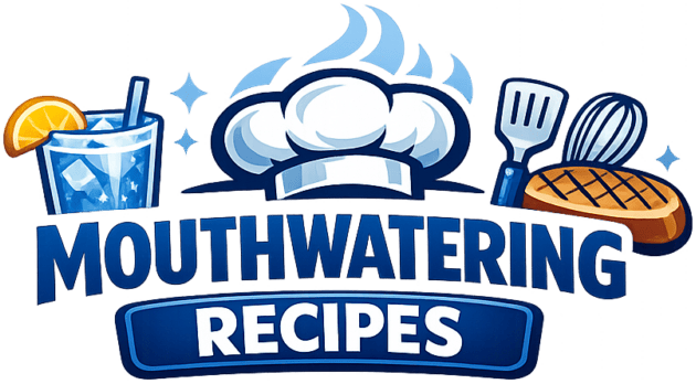 Vibrant logo featuring a chef's hat, grilling tools, and food items for Mouthwatering Recipes.