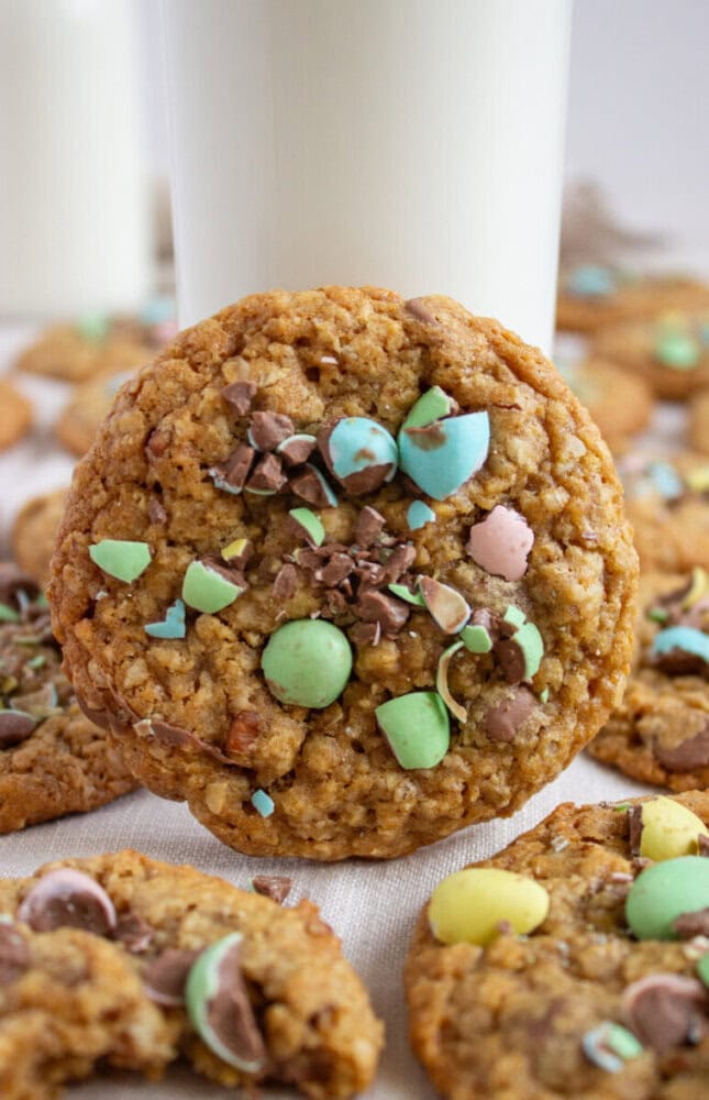 Delicious chewy cookie topped with pastel-colored sprinkles and chocolate chips, perfect for a sweet.