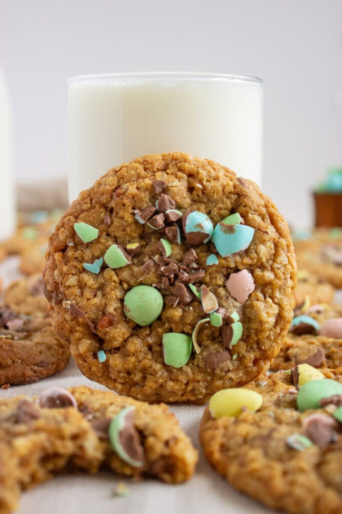 Delicious chocolate chip cookie topped with colorful sprinkles, perfect for a sweet treat.