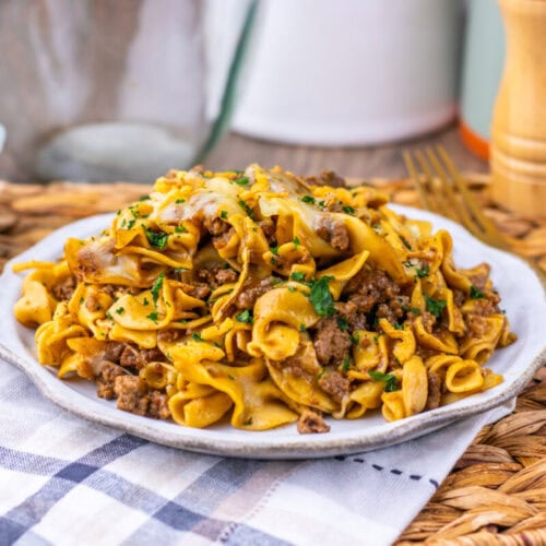 Delicious beef and mushroom pasta with a rich, savory sauce, perfect for a hearty meal.