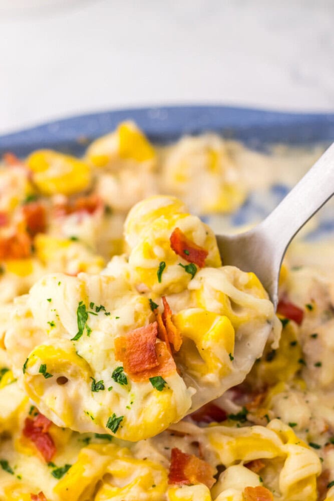 Delicious creamy chicken and corn casserole with bacon and herbs in a blue dish.