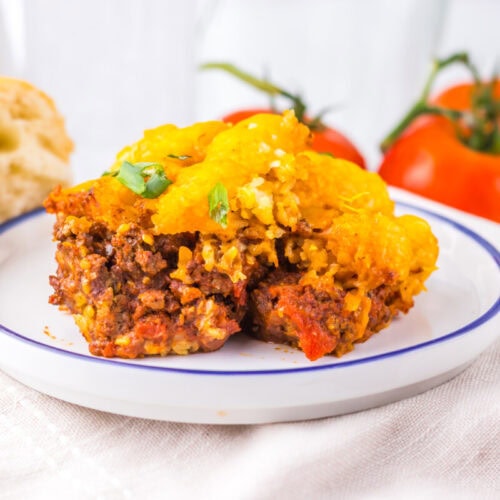 Delicious cheeseburger casserole with melted cheese and seasoned ground beef.