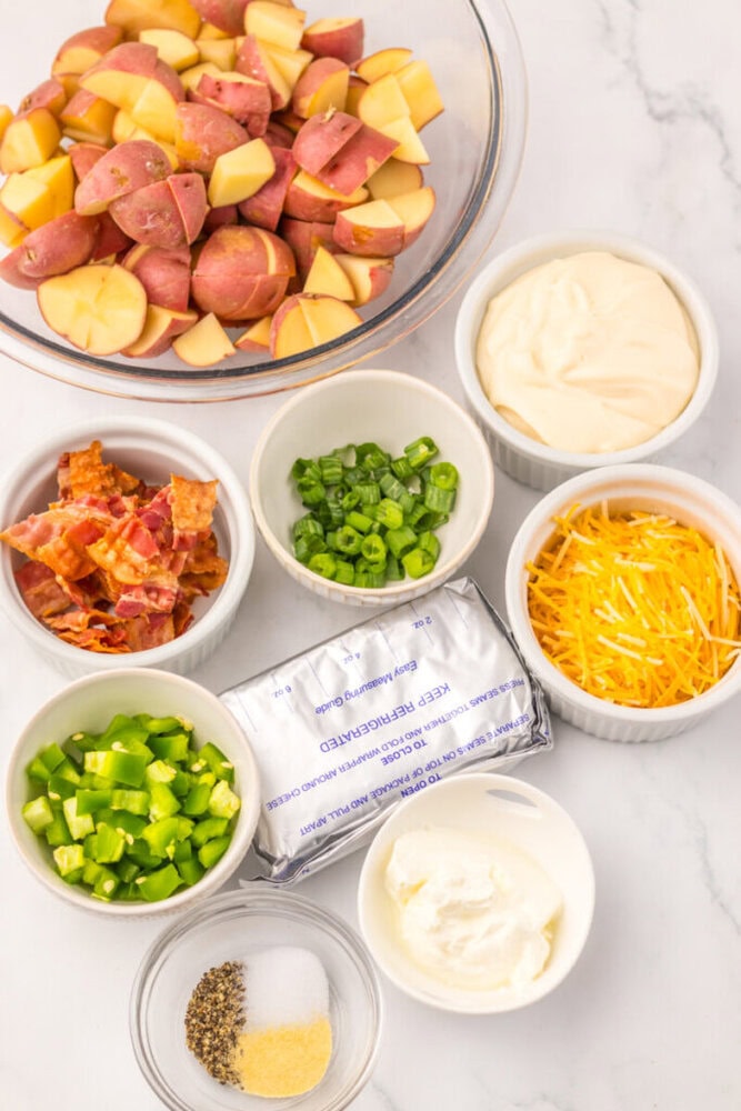 Fresh potato and ham salad with green onions, cheese, and creamy dressing.