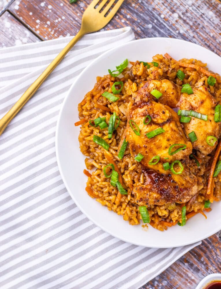 Savory chicken and seasoned rice garnished with green onions on a white plate. Perfect for a hearty,.