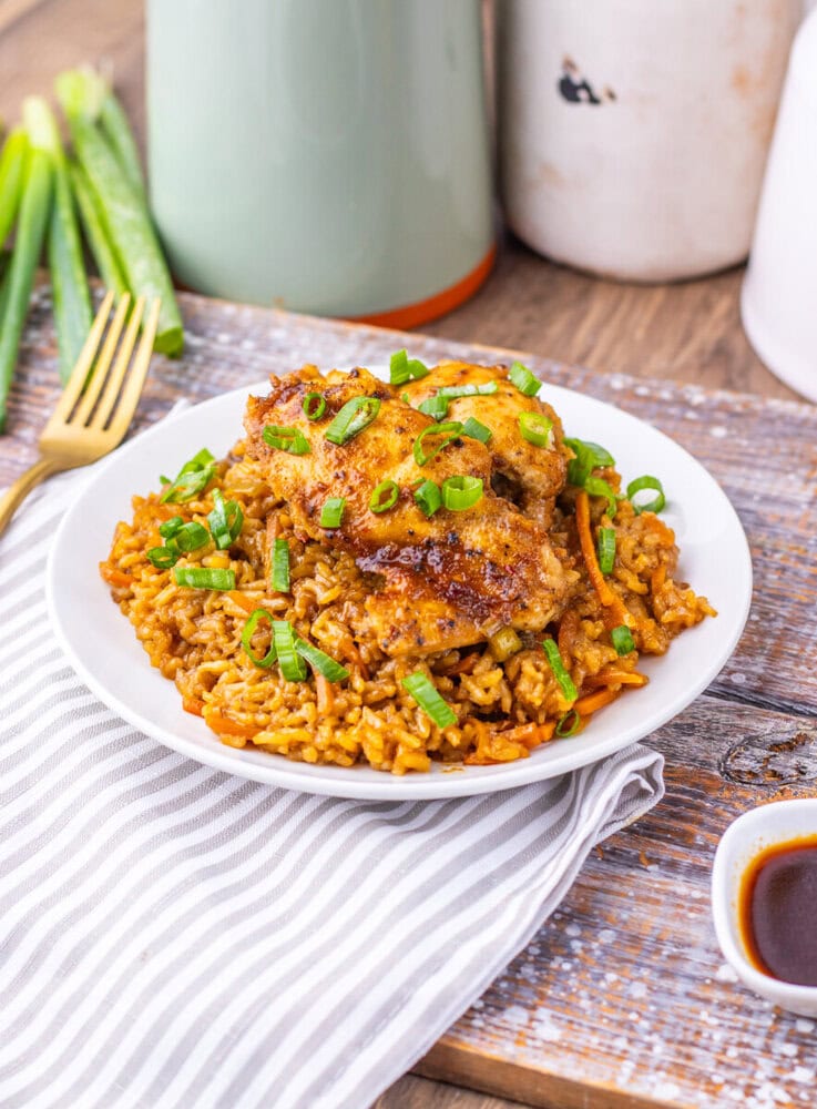 Baked chicken served over flavorful seasoned rice garnished with chopped green onions. Perfect comfo.