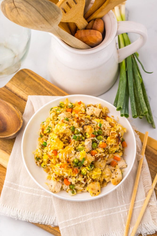 Delicious creamy chicken and rice casserole with vegetables and herbs.