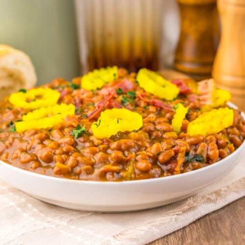 Hearty lentil stew with vegetables served in a white bowl on a rustic table.