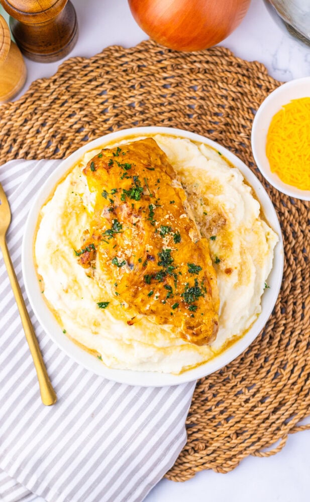 Sour cream and onion chicken with mashed potatoes, garnished with fresh parsley
