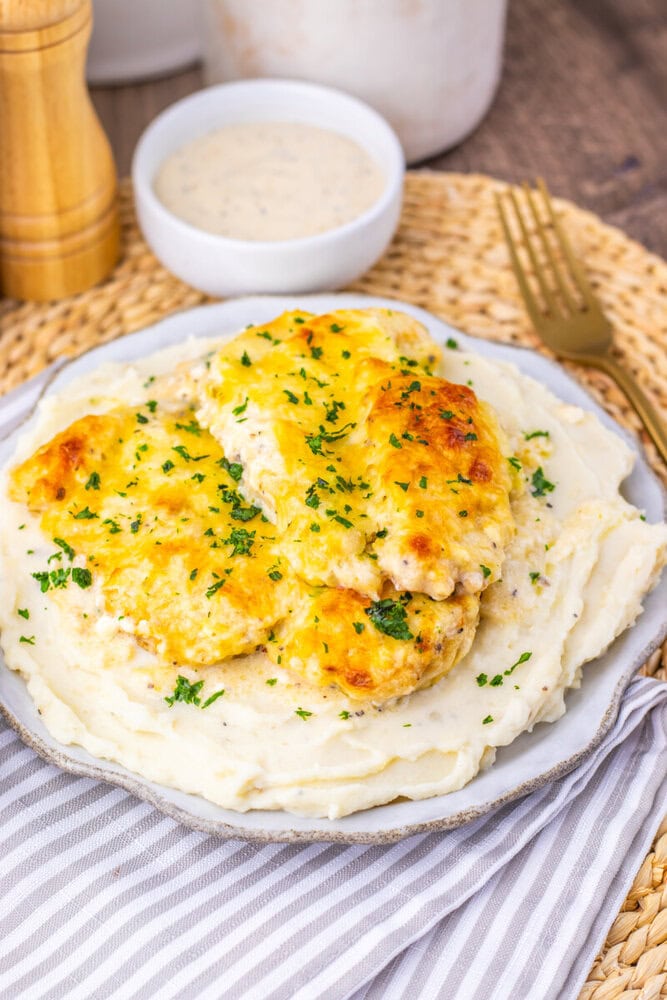 Creamy Chicken Caesar Bake with golden baked chicken breasts garnished with parsley on creamy sauce