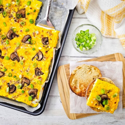 Delicious cheesy mushroom breakfast casserole with green onions.