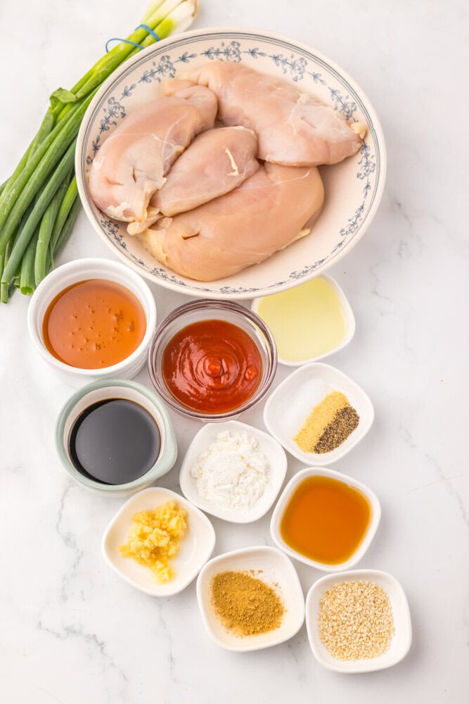 Raw chicken breasts on a decorative plate with seasonings and sauces.