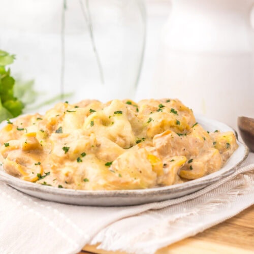 Creamy chicken and mushroom casserole served on a white plate with fresh greens.