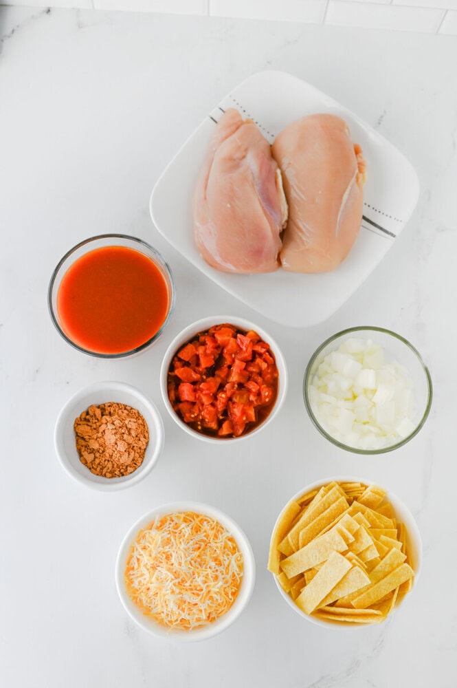 Raw chicken breasts with tomato sauce, cheese, and seasonings for chicken parmesan.
