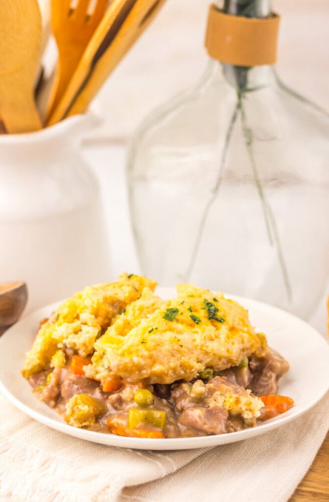Homemade beef pot pie with golden crust and vegetable filling on a white plate.